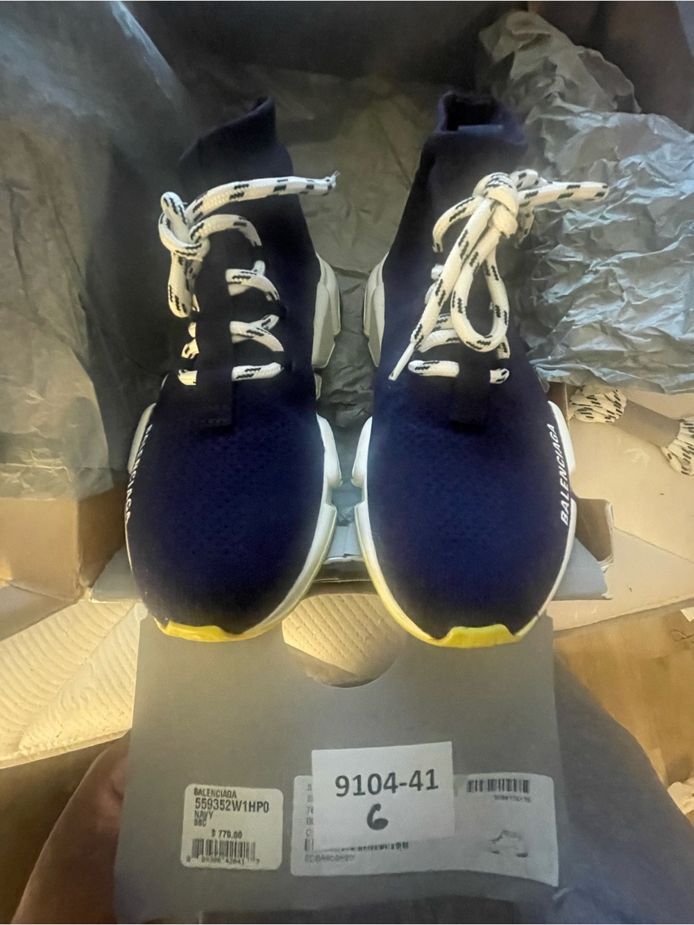 Balenciaga Navy Knit Sneakers with White Laces and Yellow Accents